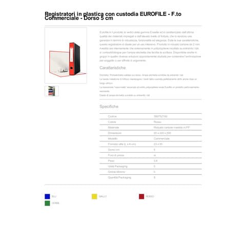 Registratore con custodia Esselte G52 EUROFILE commerciale dorso 5 cm cartone rivestito in PP rosso - 390752160